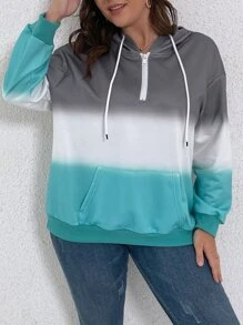 SHEIN LUNE Plus Ombre Drop Shoulder Half Zip Drawstring Hoodie - Mint Green - View 4