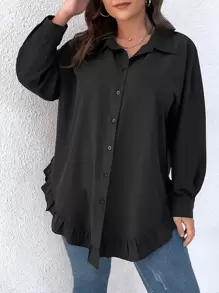 Celure 大碼落肩袖荷葉邊襯衫 - 黑色 - 查看 4