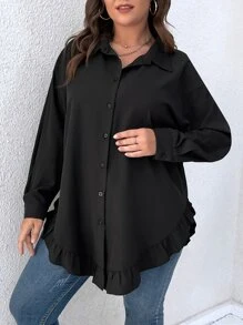 Celure 大碼落肩袖荷葉邊襯衫 - 黑色 - 查看 5