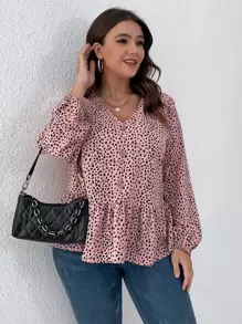 SHEIN LUNE 大碼滿版印花荷葉邊下擺襯衫 - 粉色 - 查看 1