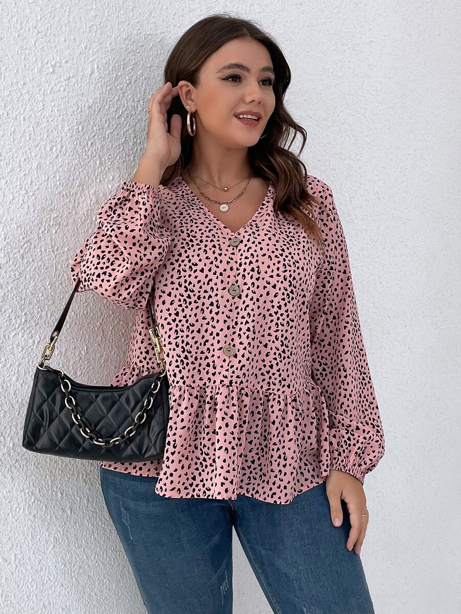 SHEIN LUNE 大碼滿版印花荷葉邊下擺襯衫 - 粉色 - 查看 1