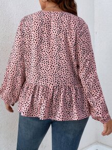 SHEIN LUNE 大碼滿版印花荷葉邊下擺襯衫 - 粉色 - 查看 2