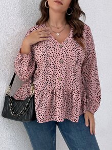 SHEIN LUNE 大碼滿版印花荷葉邊下擺襯衫 - 粉色 - 查看 4