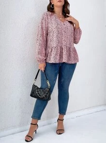 SHEIN LUNE 大碼滿版印花荷葉邊下擺襯衫 - 粉色 - 查看 5