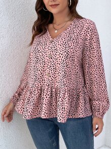 SHEIN LUNE 大碼滿版印花荷葉邊下擺襯衫 - 粉色 - 查看 6