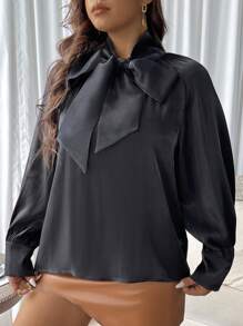 Celure Blusa de cuello con cordón de manga raglán - Negro - Ver 4