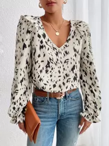 SHEIN Unity 滿版印花荷葉袖襯衫 - 杏色 - 查看 1