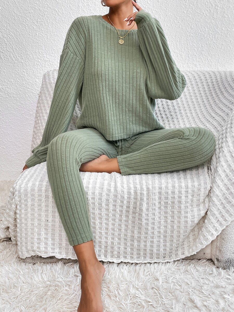 SHEIN Essnce Drop Shoulder Tee & Tie Front Skinny Trousers - Mint Green - View 1