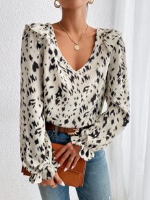 SHEIN Unity 滿版印花荷葉袖襯衫 - 杏色 - 查看 4