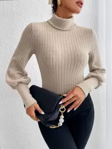 SHEIN Privé Turtle Neck Ribbed Knit Lantern Sleeve Bodysuit - Apricot - View 4