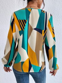 SHEIN Clasi 幾何印花燈籠袖襯衫 - 彩色 - 查看 2