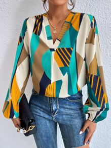 SHEIN Clasi 幾何印花燈籠袖襯衫 - 彩色 - 查看 1