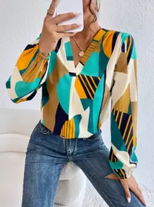 SHEIN Clasi 幾何印花燈籠袖襯衫 - 彩色 - 查看 3