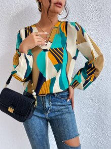 SHEIN Clasi 幾何印花燈籠袖襯衫 - 彩色 - 查看 5