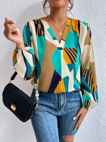 SHEIN Clasi 幾何印花燈籠袖襯衫 - 彩色 - 查看 6