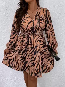 SHEIN Clasi Plus Allover Print Surplice Neck Lantern Sleeve Dress - Brown - View 1