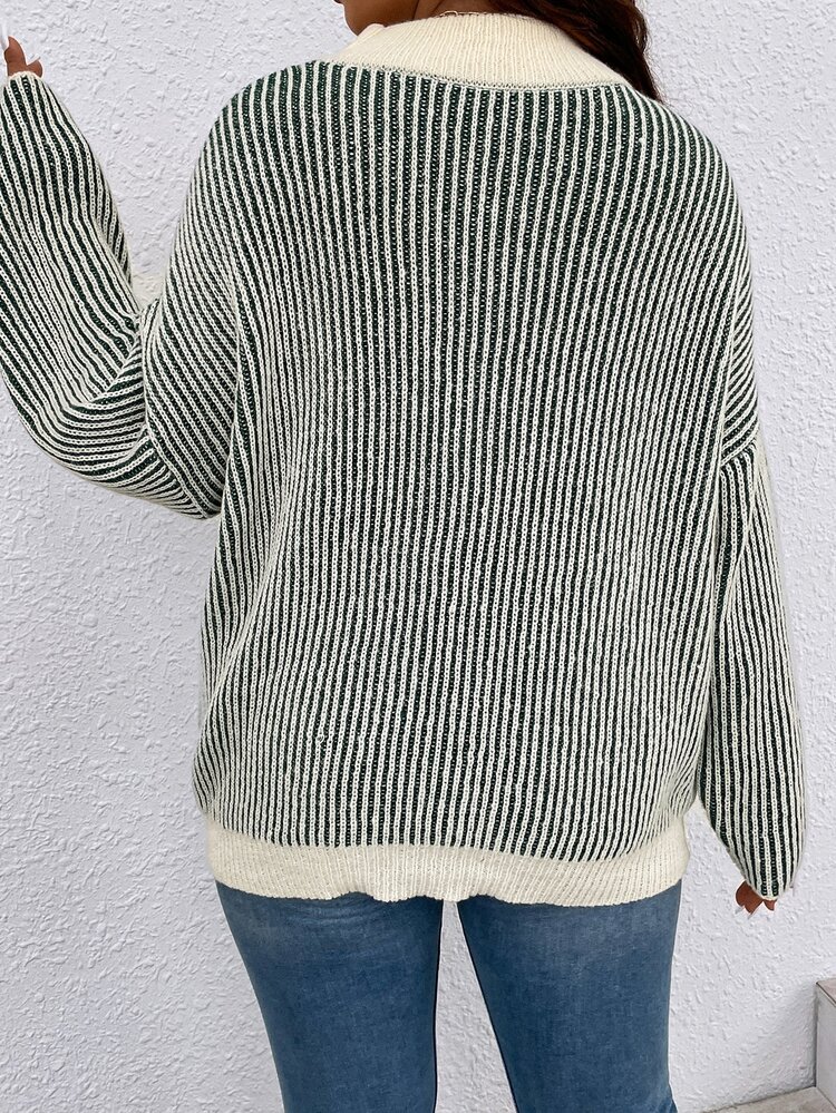 Plus Striped Pattern Drop Shoulder Sweater, Winter Knit Pullover Fall Autumn