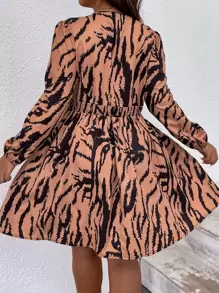 SHEIN Clasi Plus Allover Print Surplice Neck Lantern Sleeve Dress - Brown - View 2