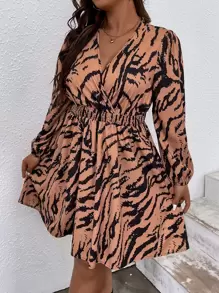 SHEIN Clasi Plus Allover Print Surplice Neck Lantern Sleeve Dress - Brown - View 5