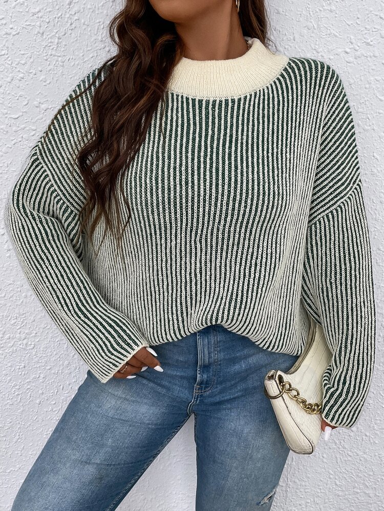 Plus Striped Pattern Drop Shoulder Sweater, Winter Knit Pullover Fall Autumn