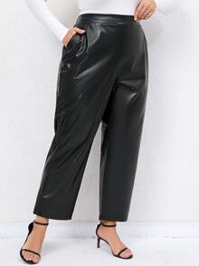 Plus High Waist PU Trousers - Black - View 3
