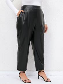 Plus High Waist PU Trousers - Black - View 4