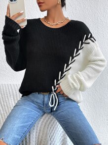 SHEIN EZwear Two Tone Lace Up Front Drop Shoulder Jumper - Black and White - View 1