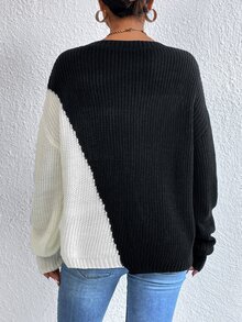 SHEIN EZwear Two Tone Lace Up Front Drop Shoulder Jumper - Black and White - View 2