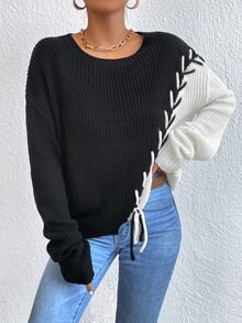SHEIN EZwear Two Tone Lace Up Front Drop Shoulder Jumper - Black and White - View 3