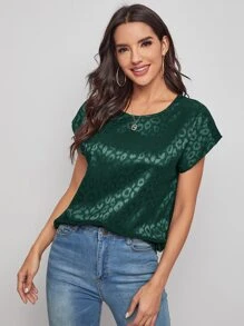 SHEIN Clasi 蝙蝠袖豹紋提花緞面上衣 - 墨綠色 - 查看 1