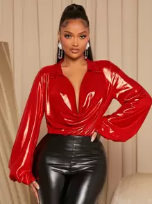 SHEIN SXY 垂領燈籠袖PU皮革連身背心