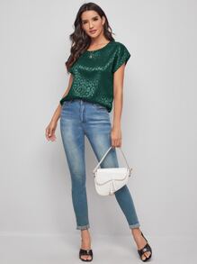 SHEIN Clasi 蝙蝠袖豹紋提花緞面上衣 - 墨綠色 - 查看 3