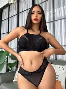 Contrast Lace Mesh Lingerie Set - Black - View 1