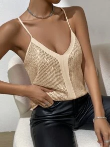 SHEIN Privé 撞色亮片背心上衣，聚會上衣 - 香檳色 - 查看 5
