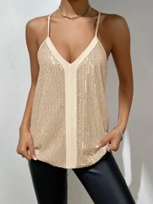 SHEIN Privé 撞色亮片背心上衣，聚會上衣 - 香檳色 - 查看 6