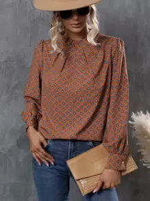 SHEIN LUNE Allover Print Mock Neck Puff Sleeve Blouse - Rust Brown - View 1