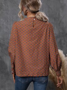 SHEIN LUNE Allover Print Mock Neck Puff Sleeve Blouse - Rust Brown - View 2