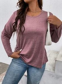 SHEIN LUNE Plus Solid Round Neck Tee - Mauve Purple - View 1