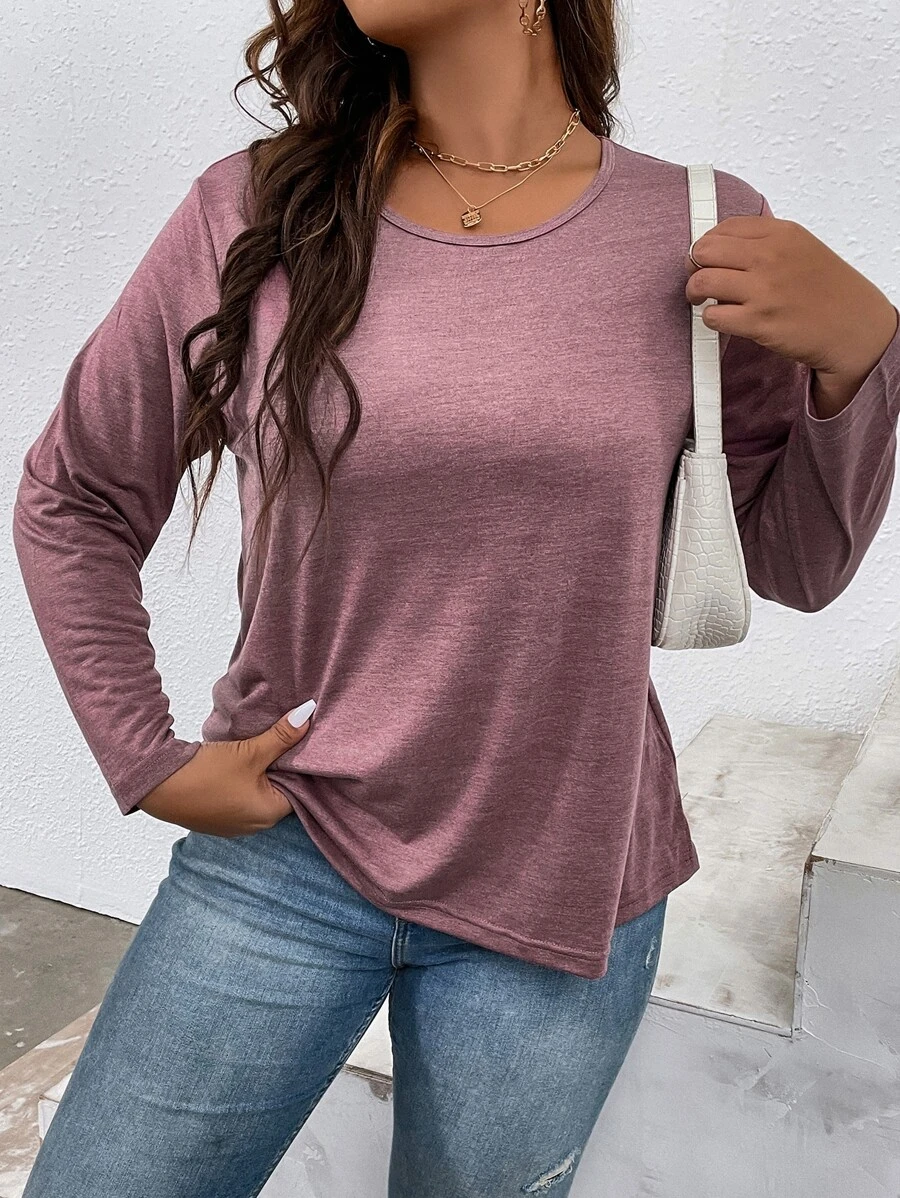 SHEIN LUNE Plus Solid Round Neck Tee - Mauve Purple - View 1