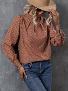 SHEIN LUNE Allover Print Mock Neck Puff Sleeve Blouse - Rust Brown - View 5