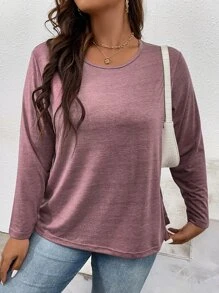 SHEIN LUNE Plus Solid Round Neck Tee - Mauve Purple - View 4