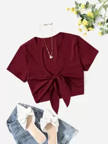 SHEIN EZwear Tie Front Crop Top - Maroon - View 1