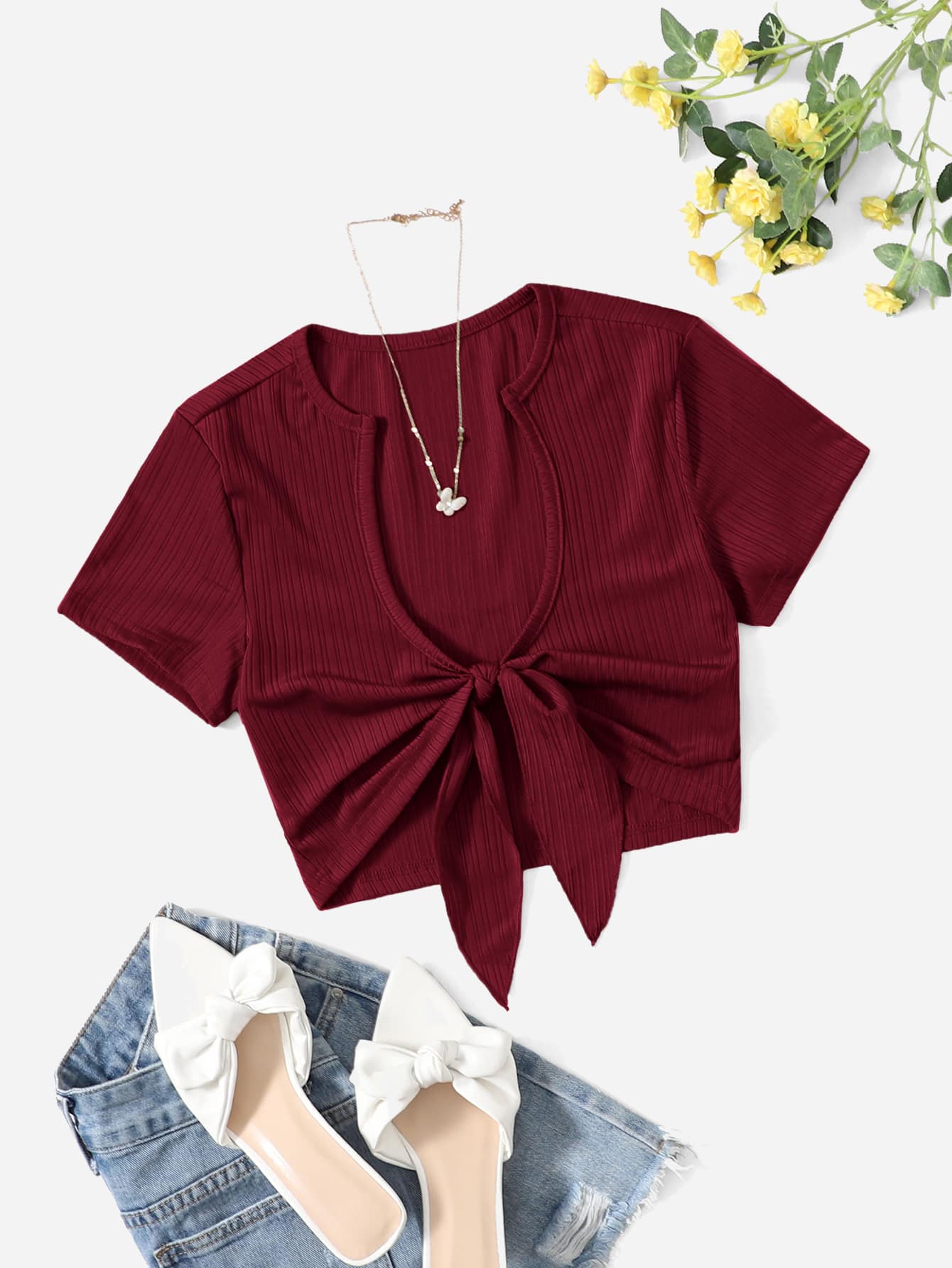 SHEIN EZwear Tie Front Crop Top - Maroon - View 1