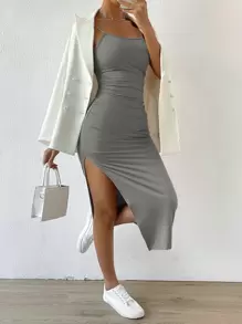 SHEIN Essnce 扭結露背高衩吊帶連衣裙 - 淺灰色 - 查看 4