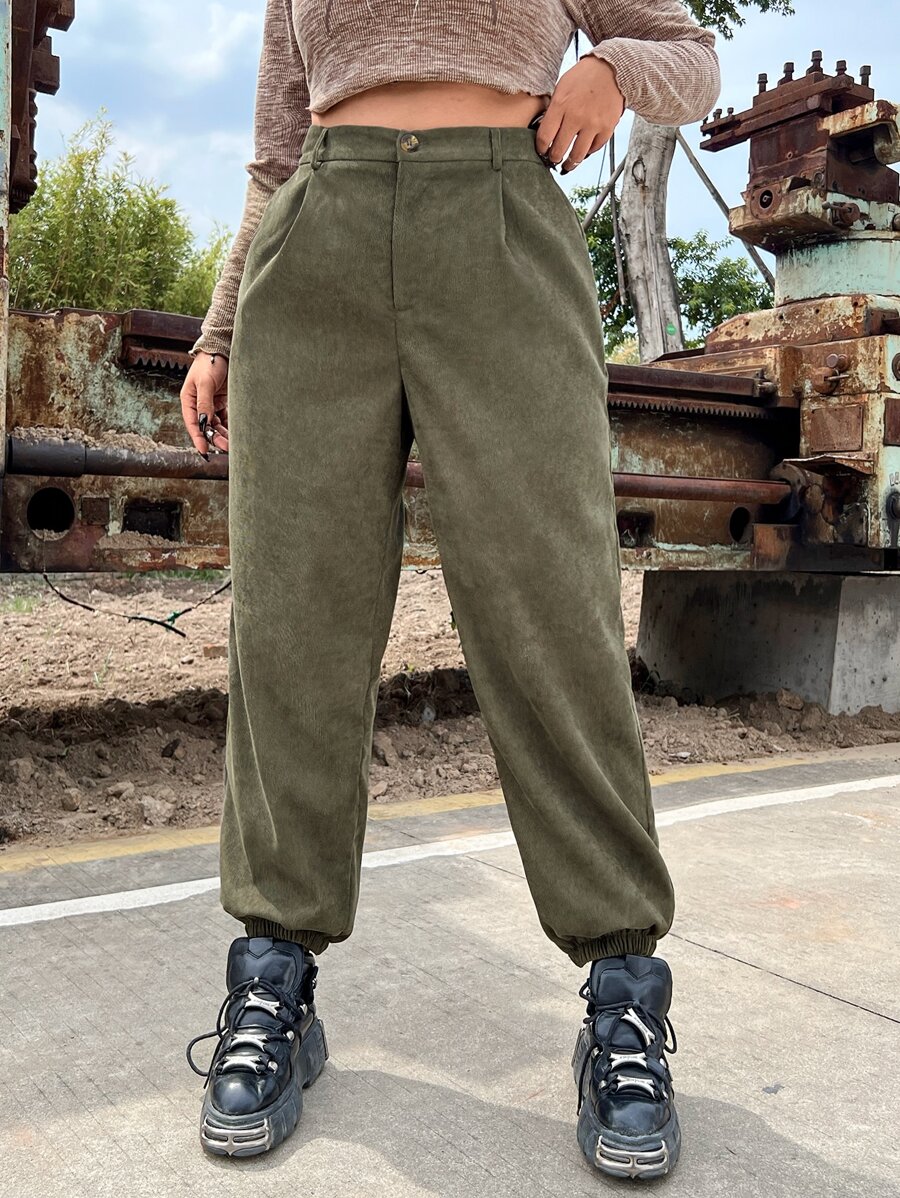 SHEIN EZwear 大碼高腰斜口袋燈芯絨長褲