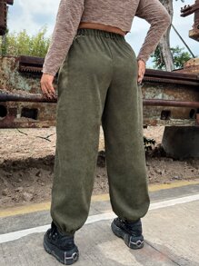 SHEIN EZwear 大碼高腰斜口袋燈芯絨長褲