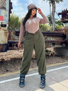 SHEIN EZwear 大碼高腰斜口袋燈芯絨長褲