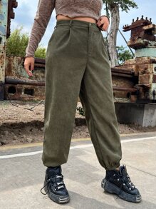 SHEIN EZwear 大碼高腰斜口袋燈芯絨長褲