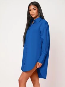 SHEIN BAE 下擺開叉前紐扣洋裝 - 藍色 - 查看 3