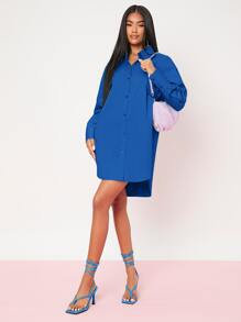 SHEIN BAE 下擺開叉前紐扣洋裝 - 藍色 - 查看 4